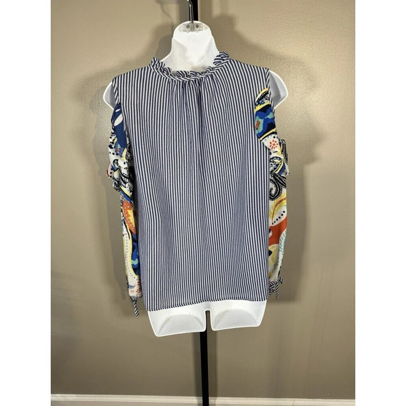 Melissa Paige Petite Size PM flowing open shoulder top Multicolor ruffle neck an - Picture 4 of 8